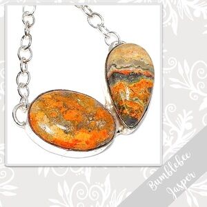 Bumblebee Jasper Large Silver Artisan Necklace, 16” Orange, Gold / Yellow, Black